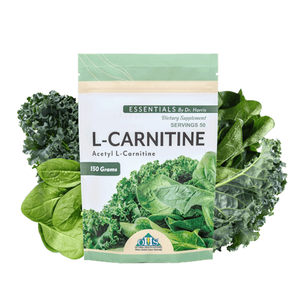 Image of a Bag of Essentials L-Carnitine Powder. Around the bag are avocados, spinach, black and brown beans.