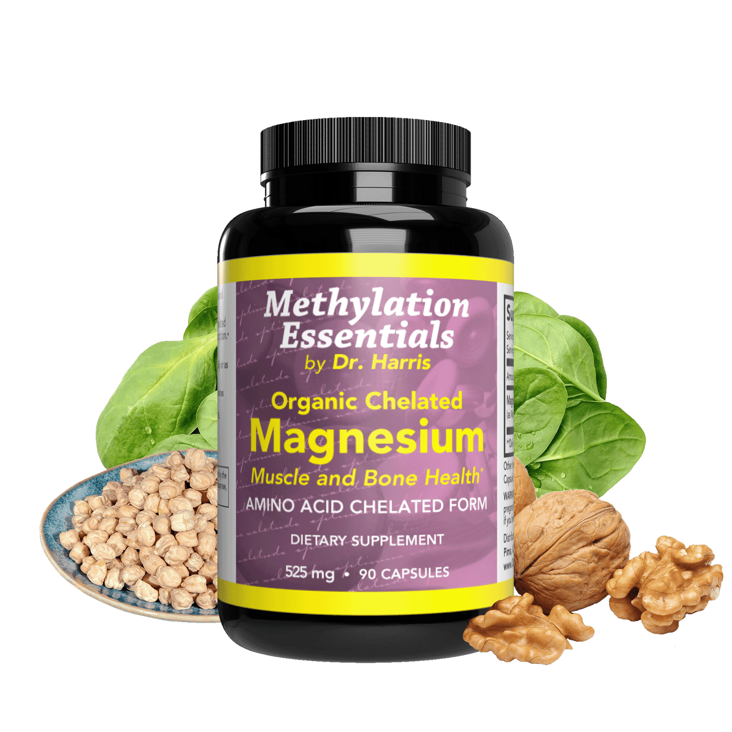 The image of a bottle of Essentials Magnesium. is walnuts, chickpeas, and spinach.