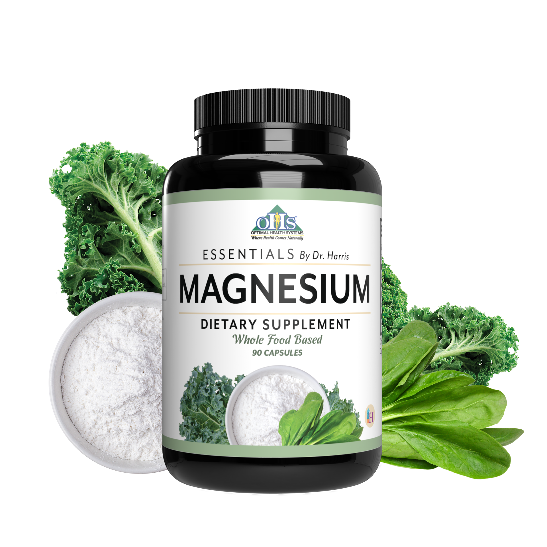 The image of a bottle of Essentials Magnesium. is walnuts, chickpeas, and spinach.