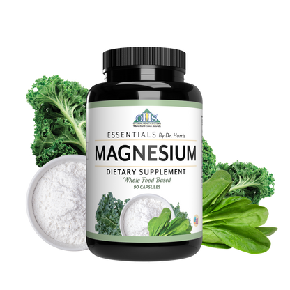 The image of a bottle of Essentials Magnesium. is walnuts, chickpeas, and spinach.