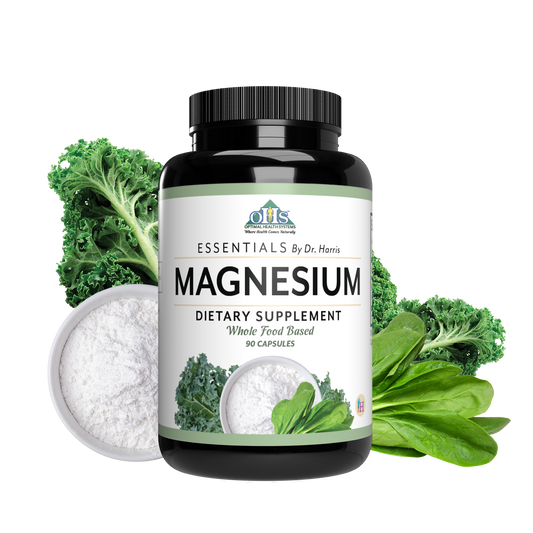 The image of a bottle of Essentials Magnesium. is walnuts, chickpeas, and spinach.