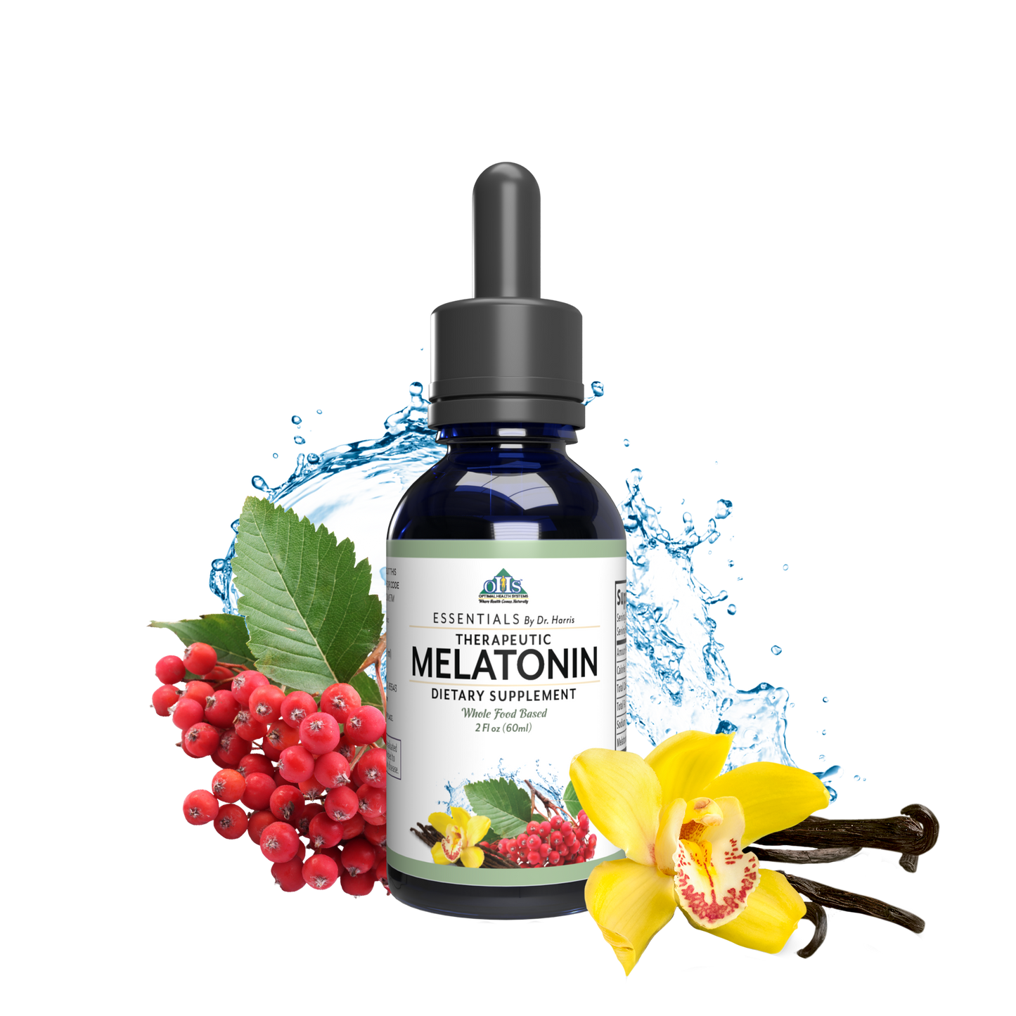 Image of a dropper bottle of Essential Therapeutic melatonin. Around the bottle are water, vanilla beans, and hawthorn berries.