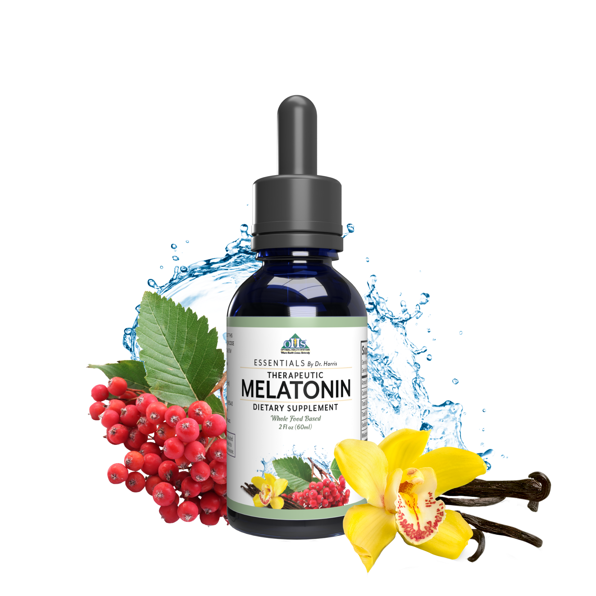 Image of a dropper bottle of Essential Therapeutic melatonin. Around the bottle are water, vanilla beans, and hawthorn berries.