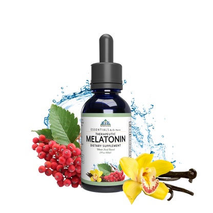 Image of a dropper bottle of Essential Therapeutic melatonin. Around the bottle are water, vanilla beans, and hawthorn berries.