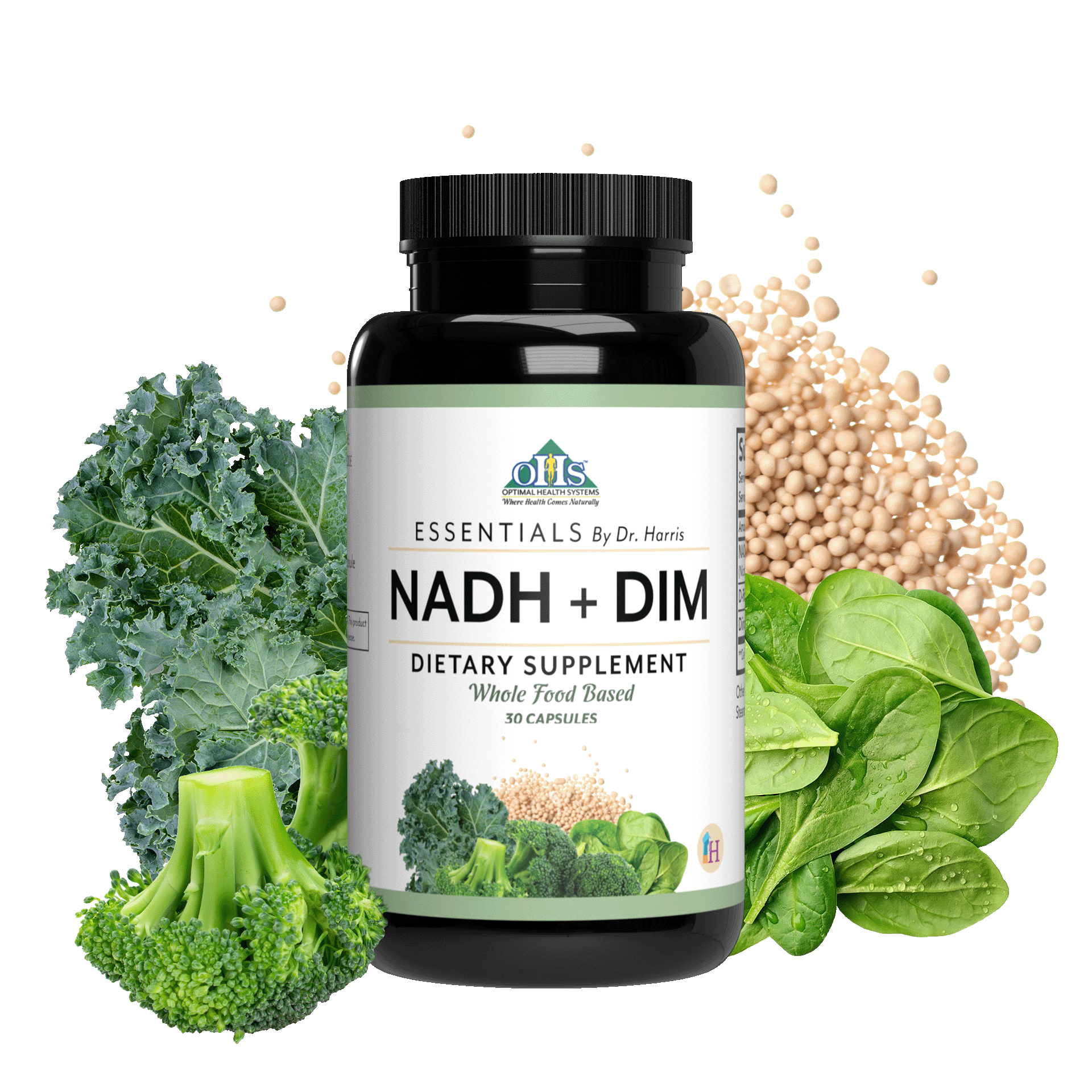 Image of a bottle of Essentials NADH+DIM. Around the bottle are spinach leaves, broccoli, Kale, and NADH.