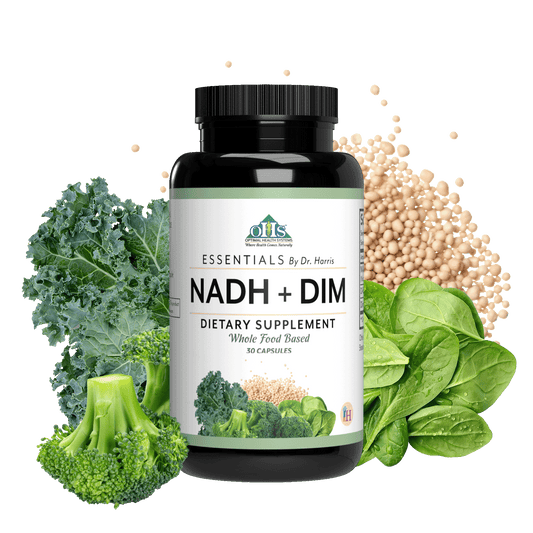 Image of a bottle of Essentials NADH+DIM. Around the bottle are spinach leaves, broccoli, Kale, and NADH.