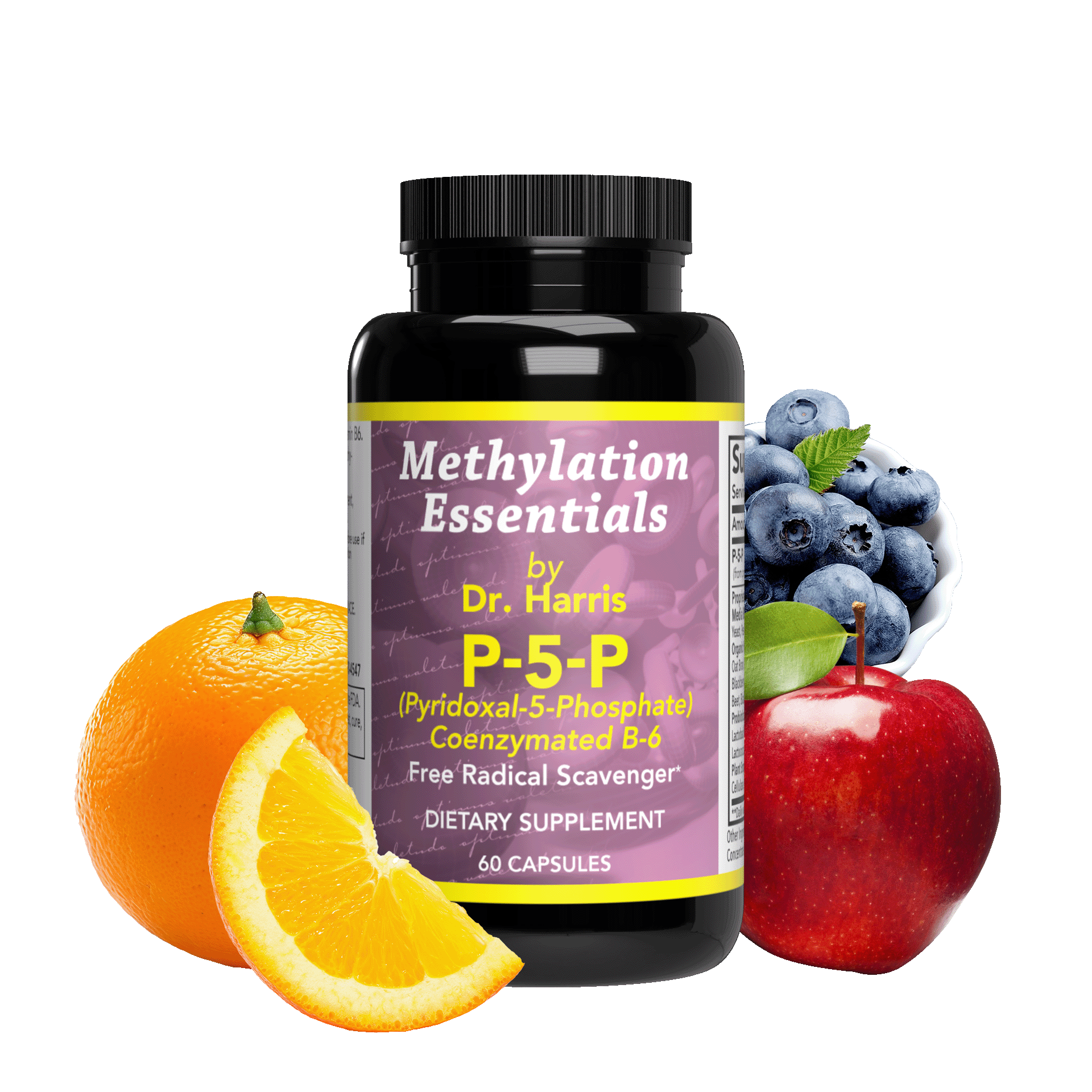 Image of a bottle of Essentials P-5-P. Around the bottle are oranges, blueberries, and an apple.