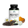 Image of a bottle of Essentials Protect. Around the bottle are green tea leaves and turmeric.