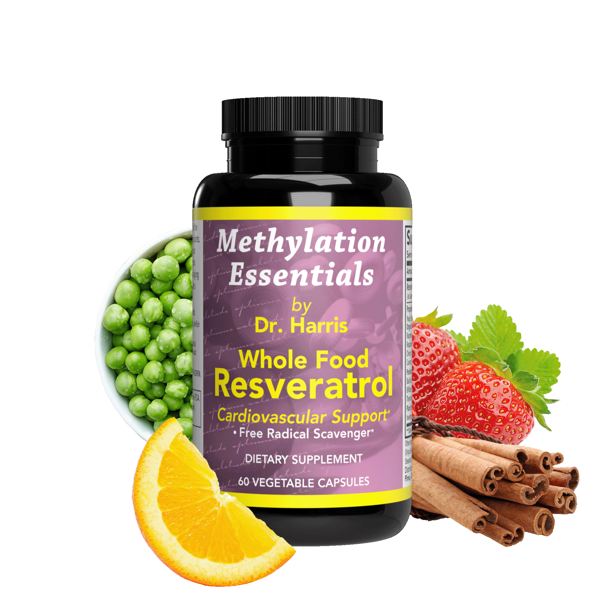 Image of a bottle of Essentials Resveratrol. Around the bottle are strawberries, peas, cinnamon sticks, and a lemon slice.