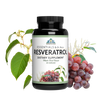 Image of a bottle of Essentials Resveratrol. Around the bottle are strawberries, peas, cinnamon sticks, and a lemon slice.