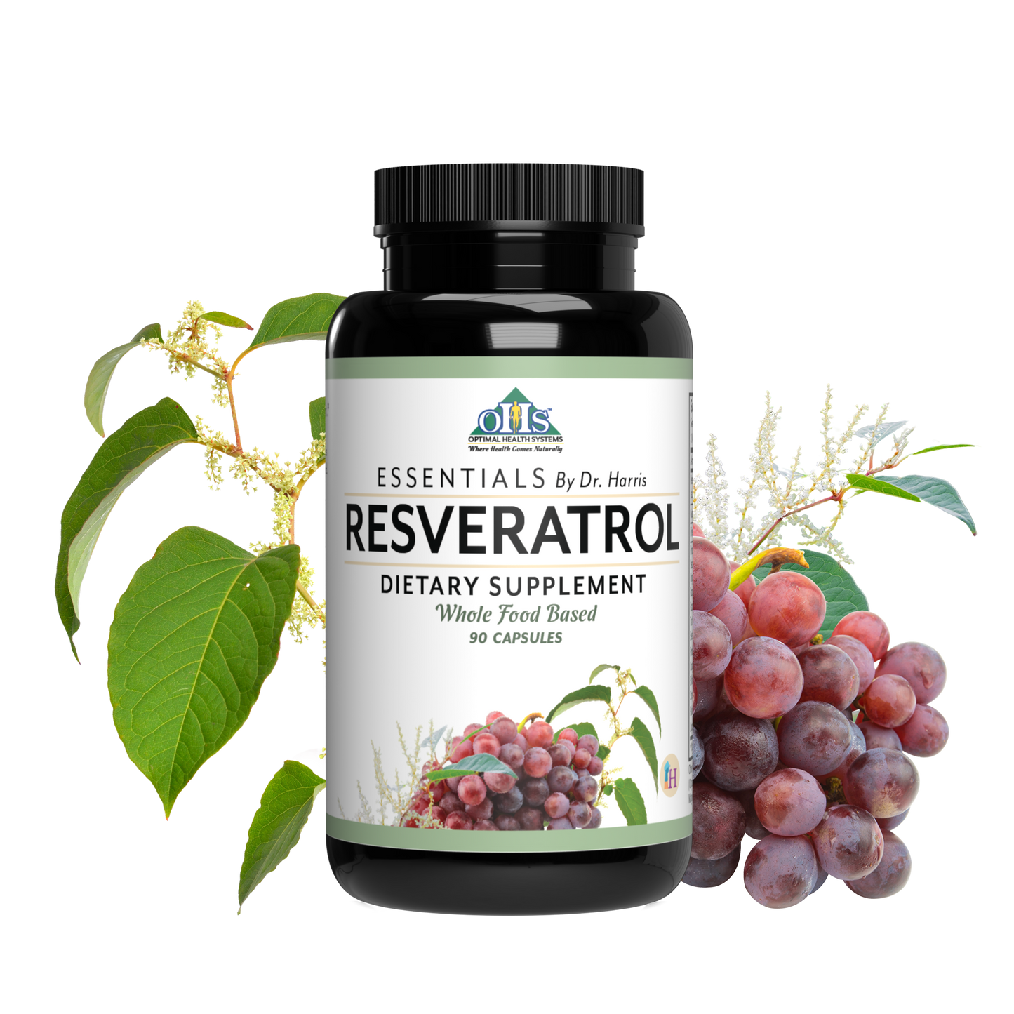 Image of a bottle of Essentials Resveratrol. Around the bottle are strawberries, peas, cinnamon sticks, and a lemon slice.