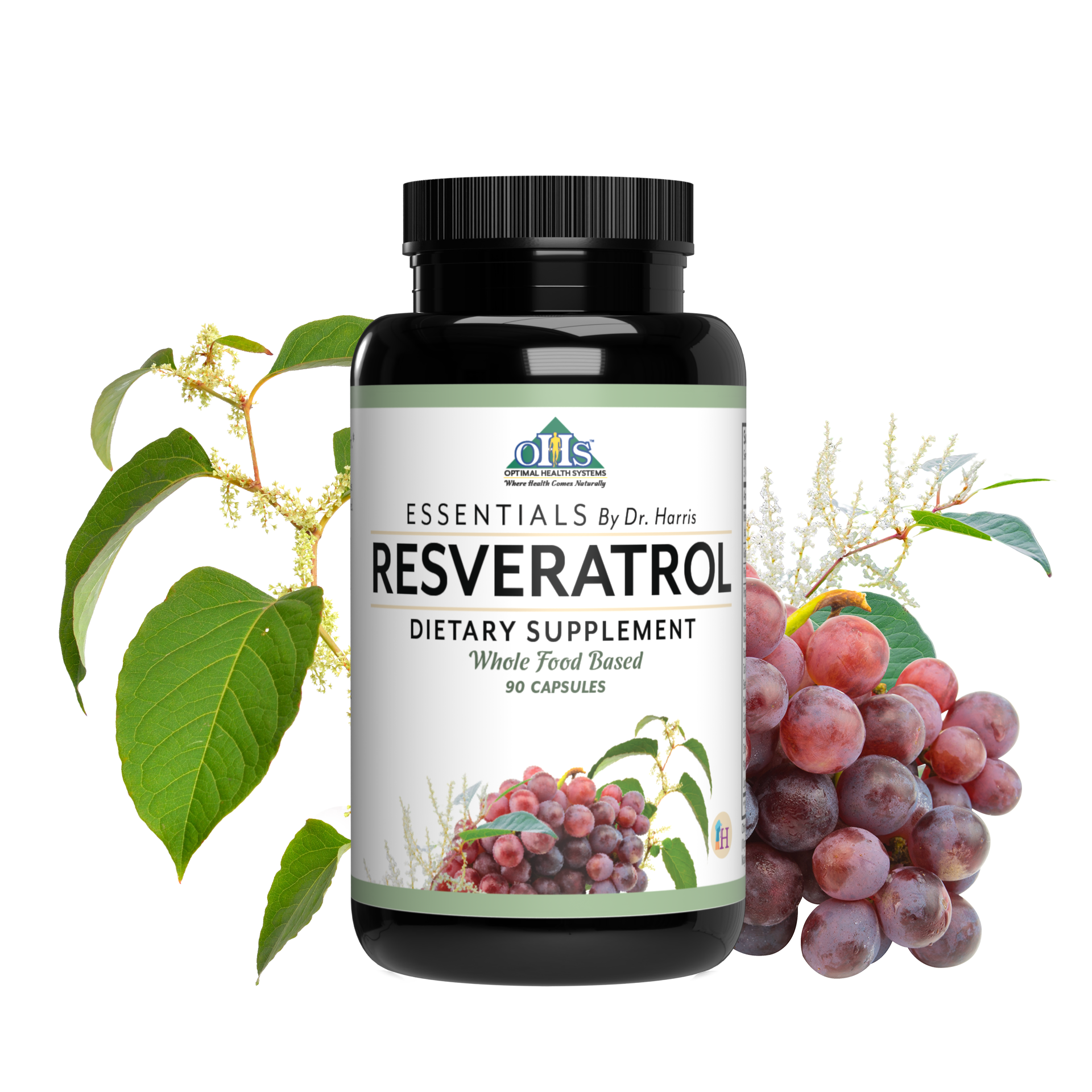 Image of a bottle of Essentials Resveratrol. Around the bottle are strawberries, peas, cinnamon sticks, and a lemon slice.