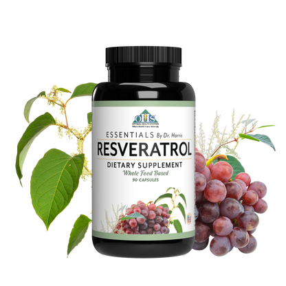 Image of a bottle of Essentials Resveratrol. Around the bottle are strawberries, peas, cinnamon sticks, and a lemon slice.