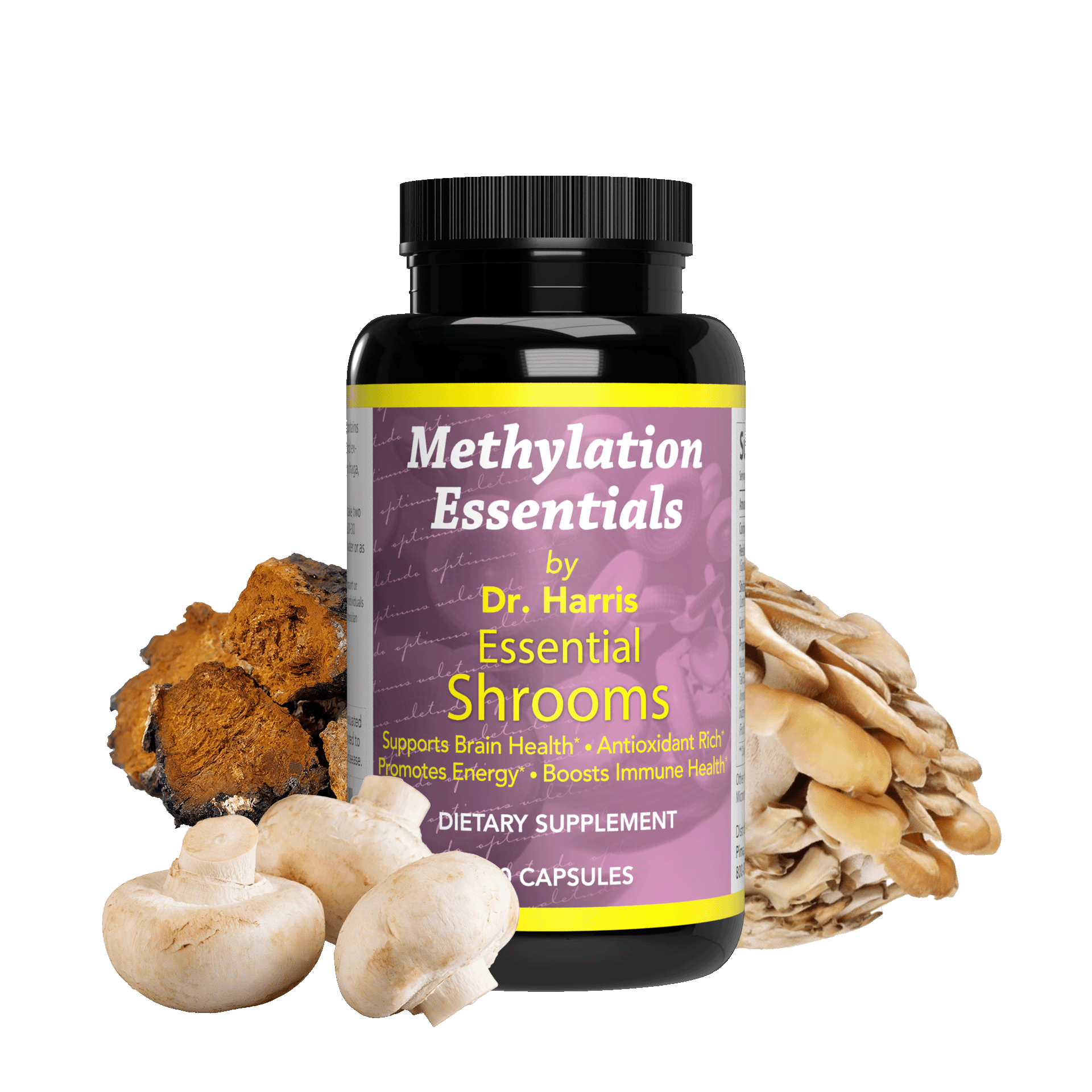 Image of a bottle of Essentials Shrooms. Around the bottle are Mitaki, white button, and Chaga mushrooms.