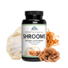 Image of a bottle of Essentials Shrooms. Around the bottle are Mitaki, white button, and Chaga mushrooms.