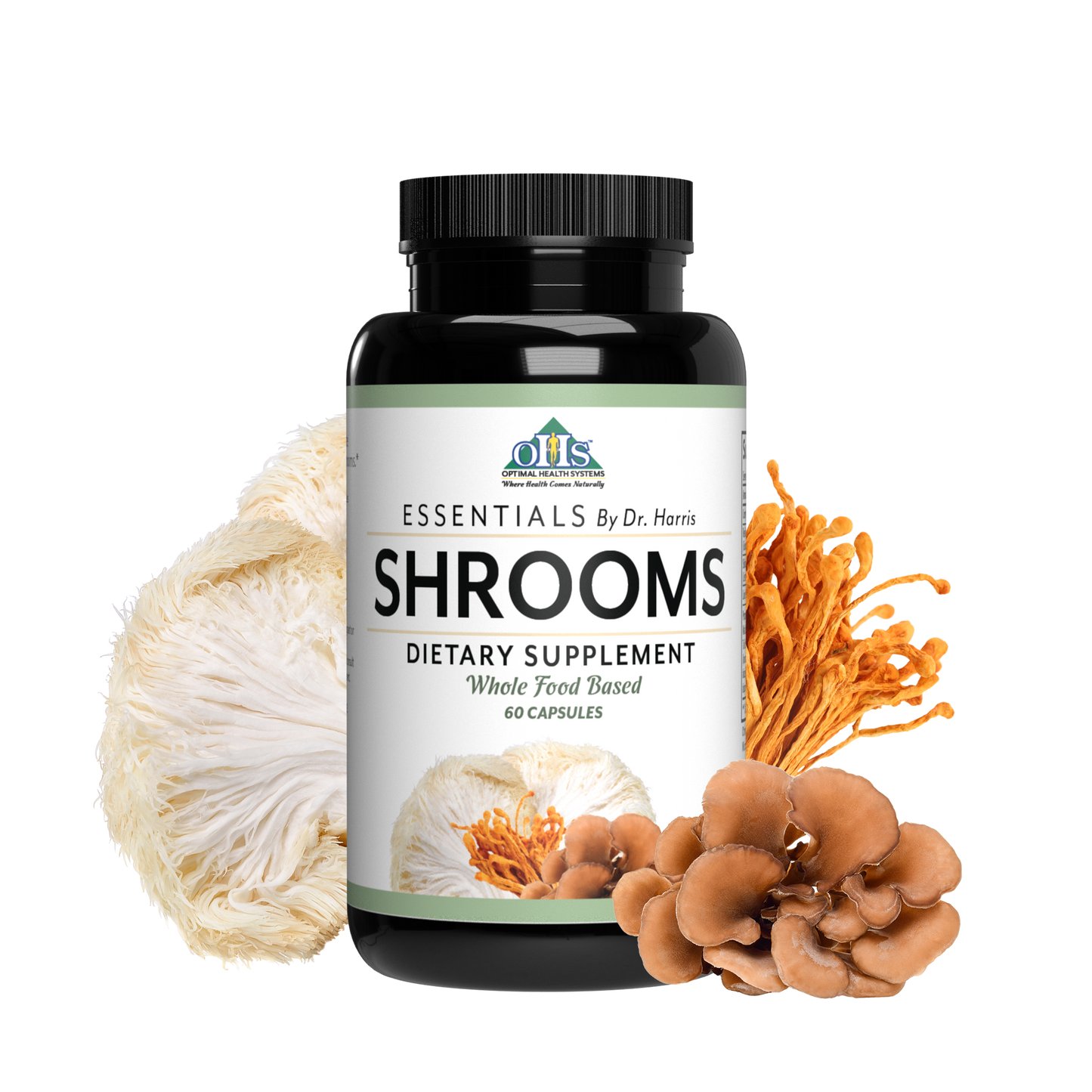 Image of a bottle of Essentials Shrooms. Around the bottle are Mitaki, white button, and Chaga mushrooms.