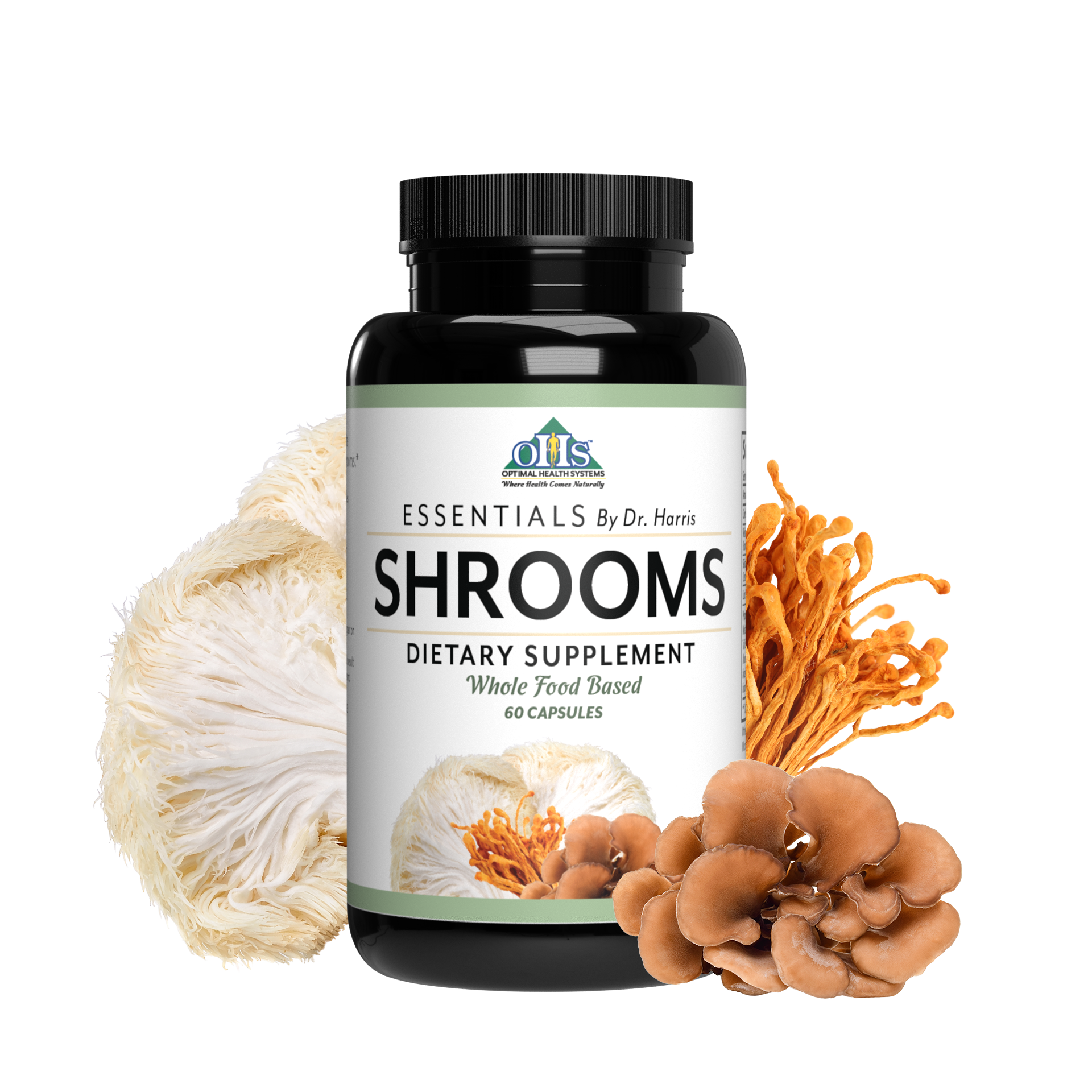 Image of a bottle of Essentials Shrooms. Around the bottle are Mitaki, white button, and Chaga mushrooms.