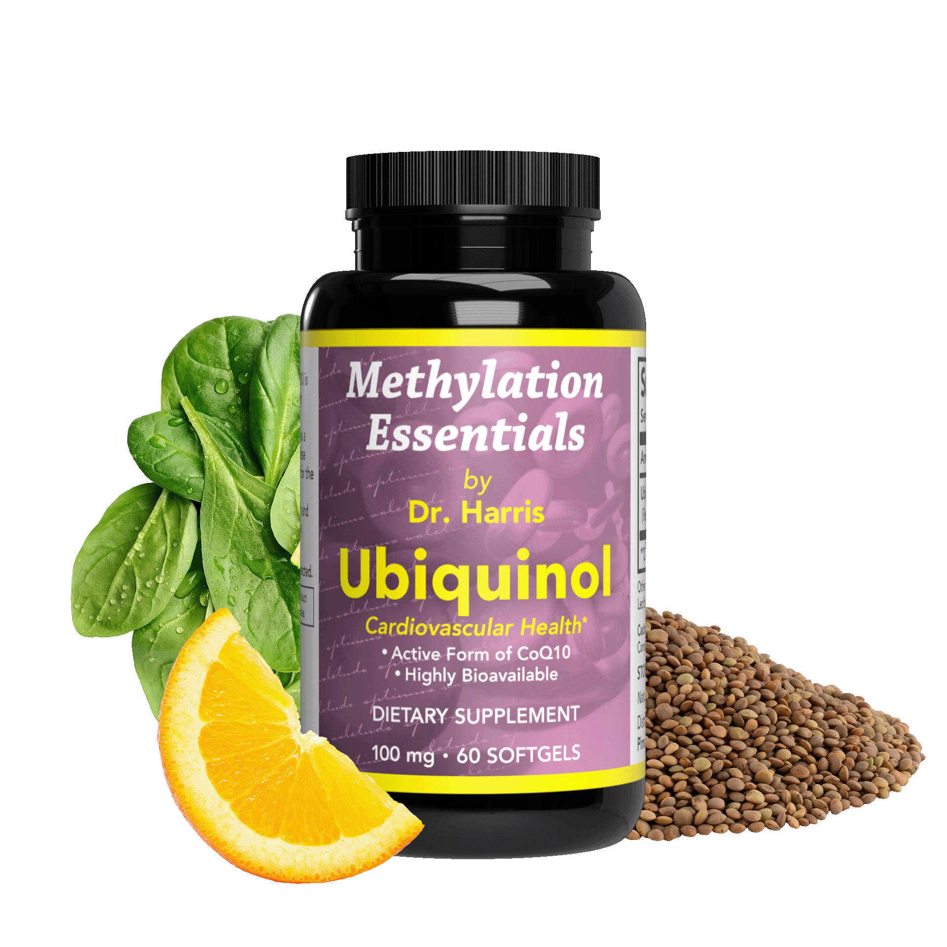 Image of a bottle of Essentials Ubiquinol. Around the bottle are lentils, spinach, and an orange slice.