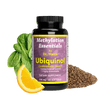 Image of a bottle of Essentials Ubiquinol. Around the bottle are lentils, spinach, and an orange slice.