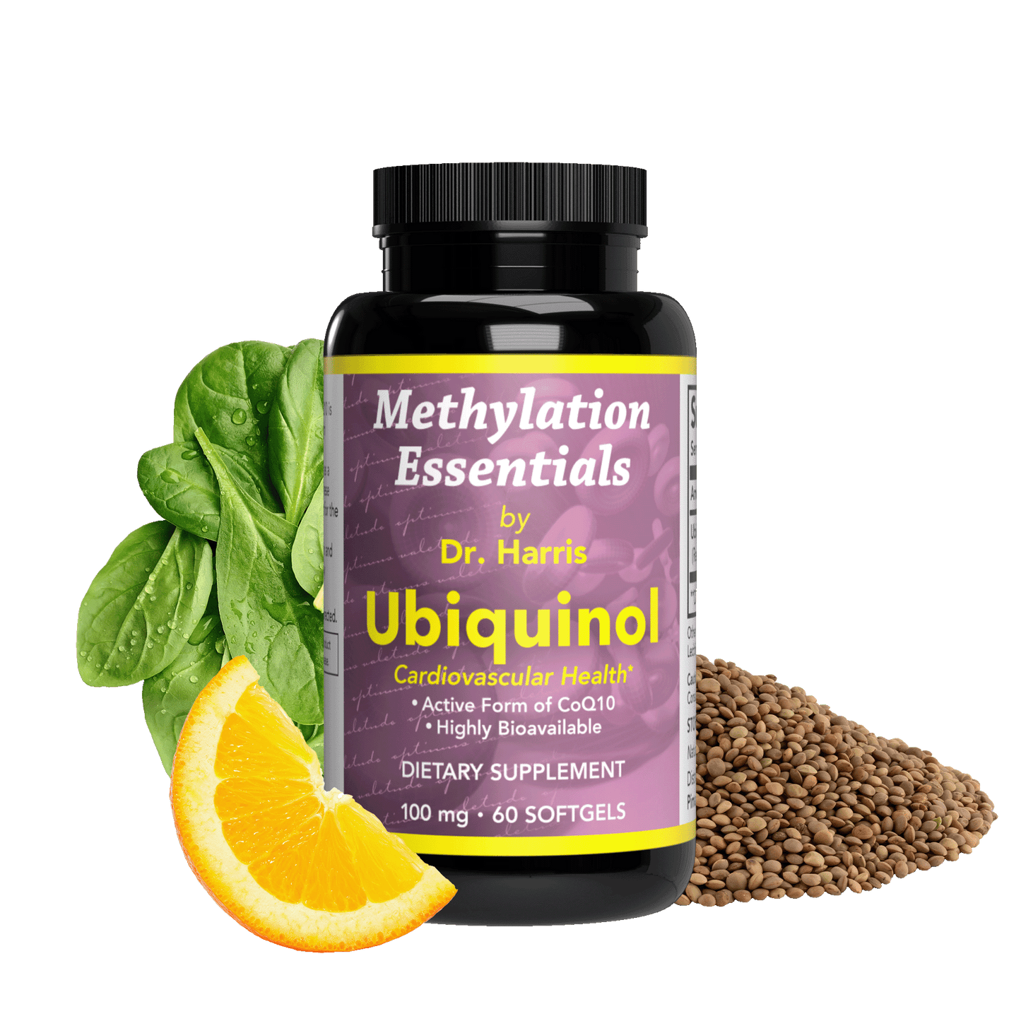 Image of a bottle of Essentials Ubiquinol. Around the bottle are lentils, spinach, and an orange slice.