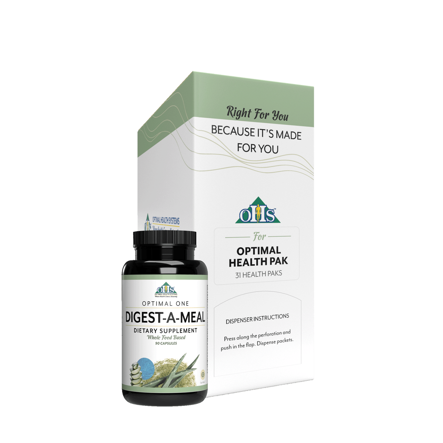 Image of an Optimal Health Pak. with a bottle of Optimal one Digest-A-Meal next to it.