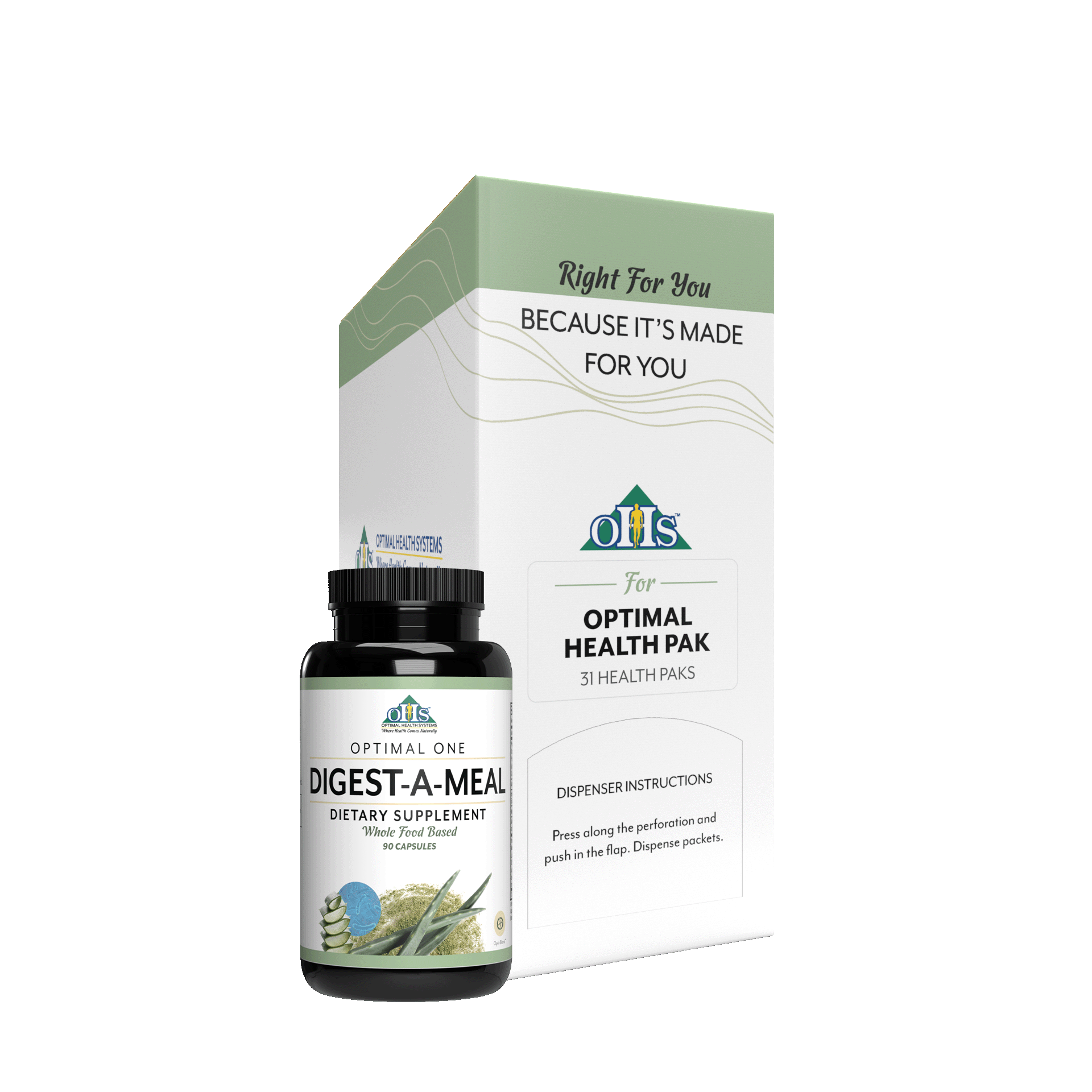 Image of an Optimal Health Pak. with a bottle of Optimal one Digest-A-Meal next to it.