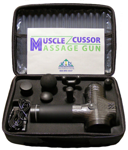 An image of a Muscle cussor massage gun with 6 attachments inside its case.