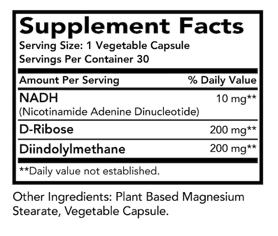 NADH+DIM supplement facts.
