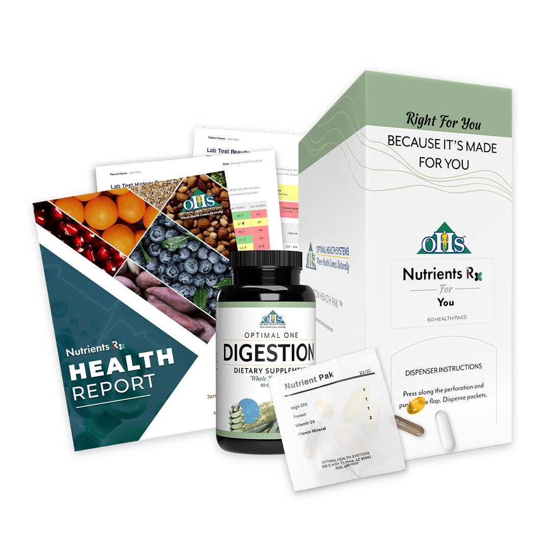 Image of a Nutrient RX Health Report and Lab Results, a bottle of Digestion, a NRX Pak and packet.