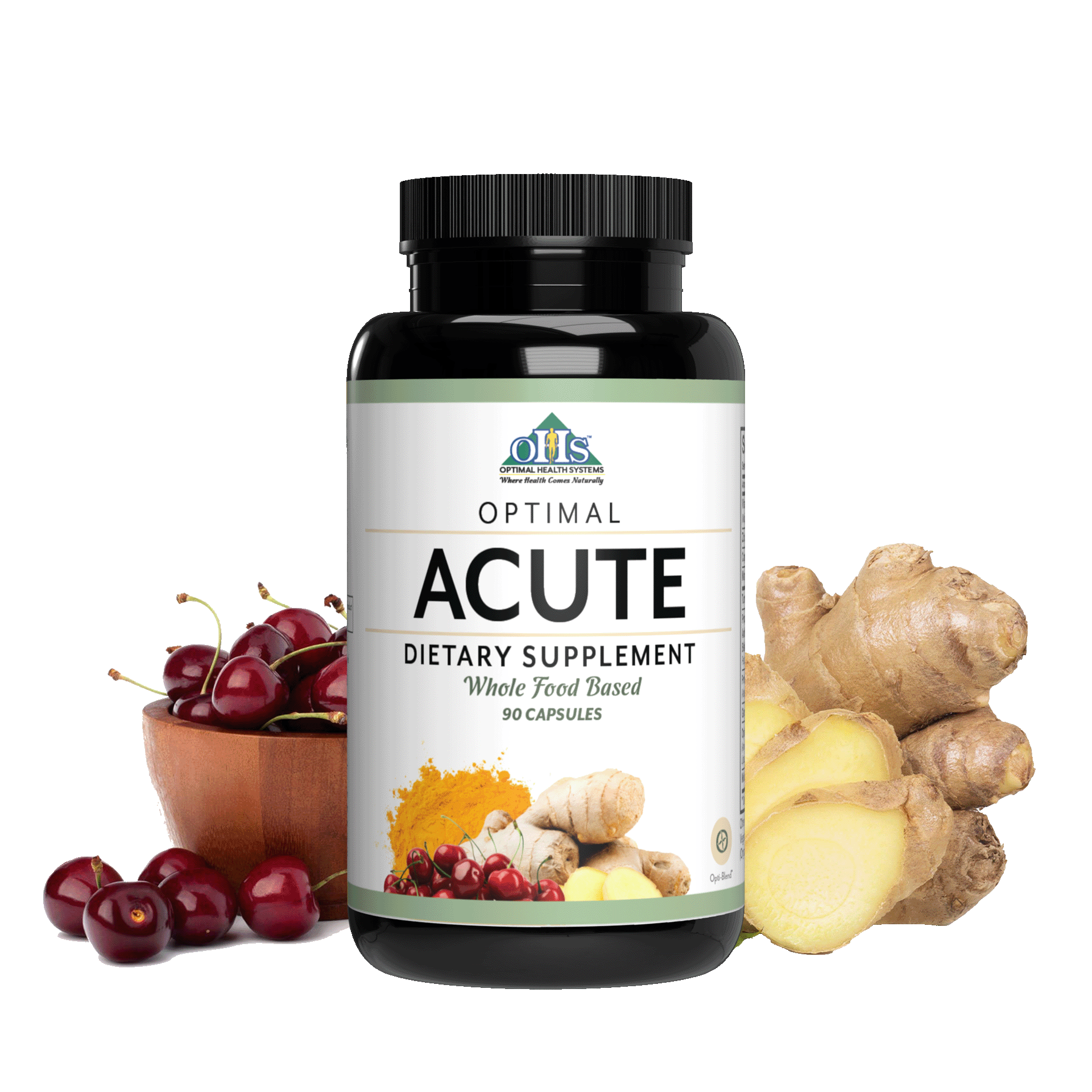 Image of a bottle of Optimal Acute with a bowl of cherries and sliced ginger.