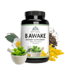 Image of a bottle of Optimal B Awake with Green tea leaves and Rhodiola Rosea.