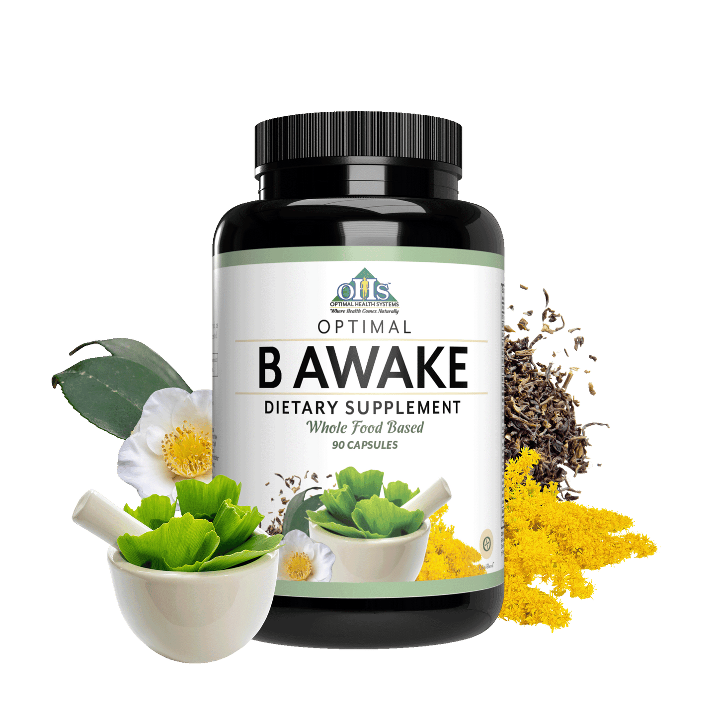 Image of a bottle of Optimal B Awake with Green tea leaves and Rhodiola Rosea.