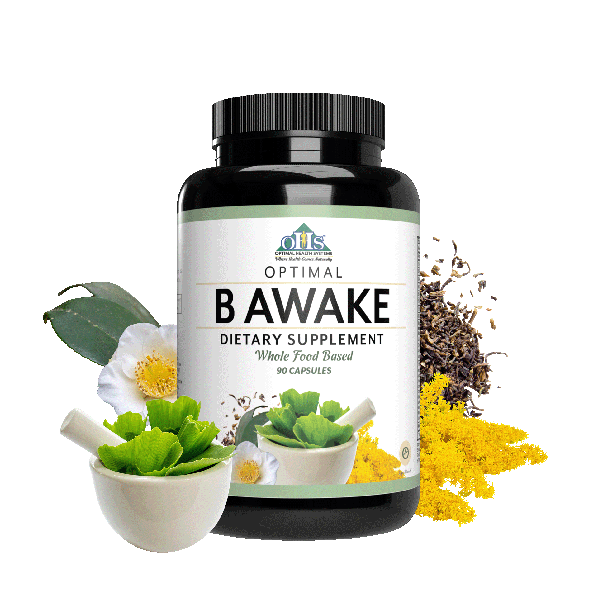 Image of a bottle of Optimal B Awake with Green tea leaves and Rhodiola Rosea.