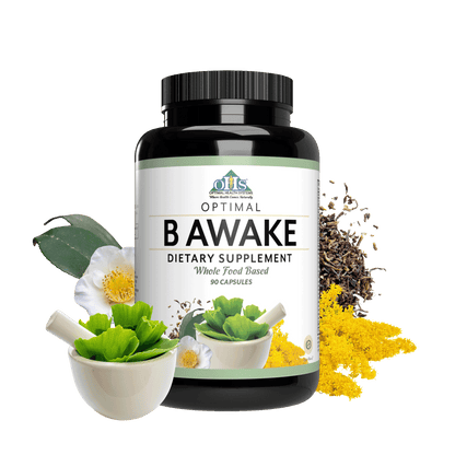 Image of a bottle of Optimal B Awake with Green tea leaves and Rhodiola Rosea.