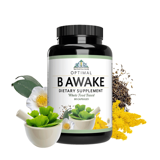 Image of a bottle of Optimal B Awake with Green tea leaves and Rhodiola Rosea.