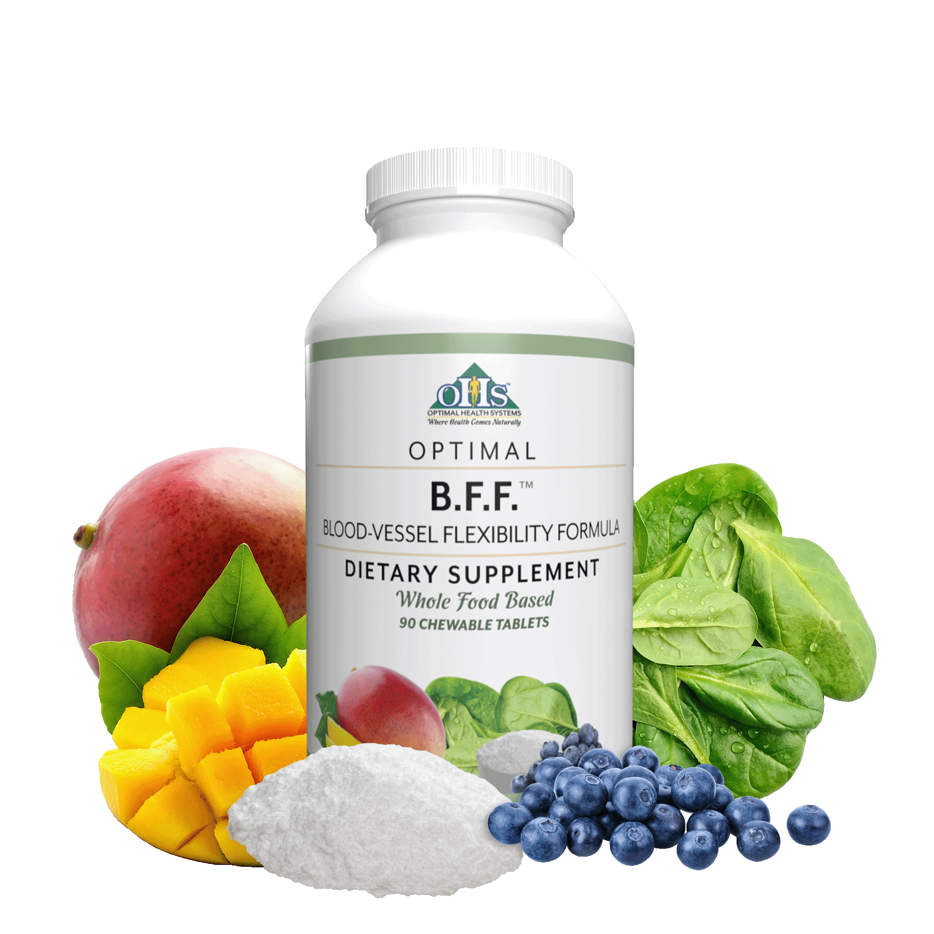 Image of a bottle of Optimal B.F.F. with mango, spinach, blueberries, and creatine nitrate powder.