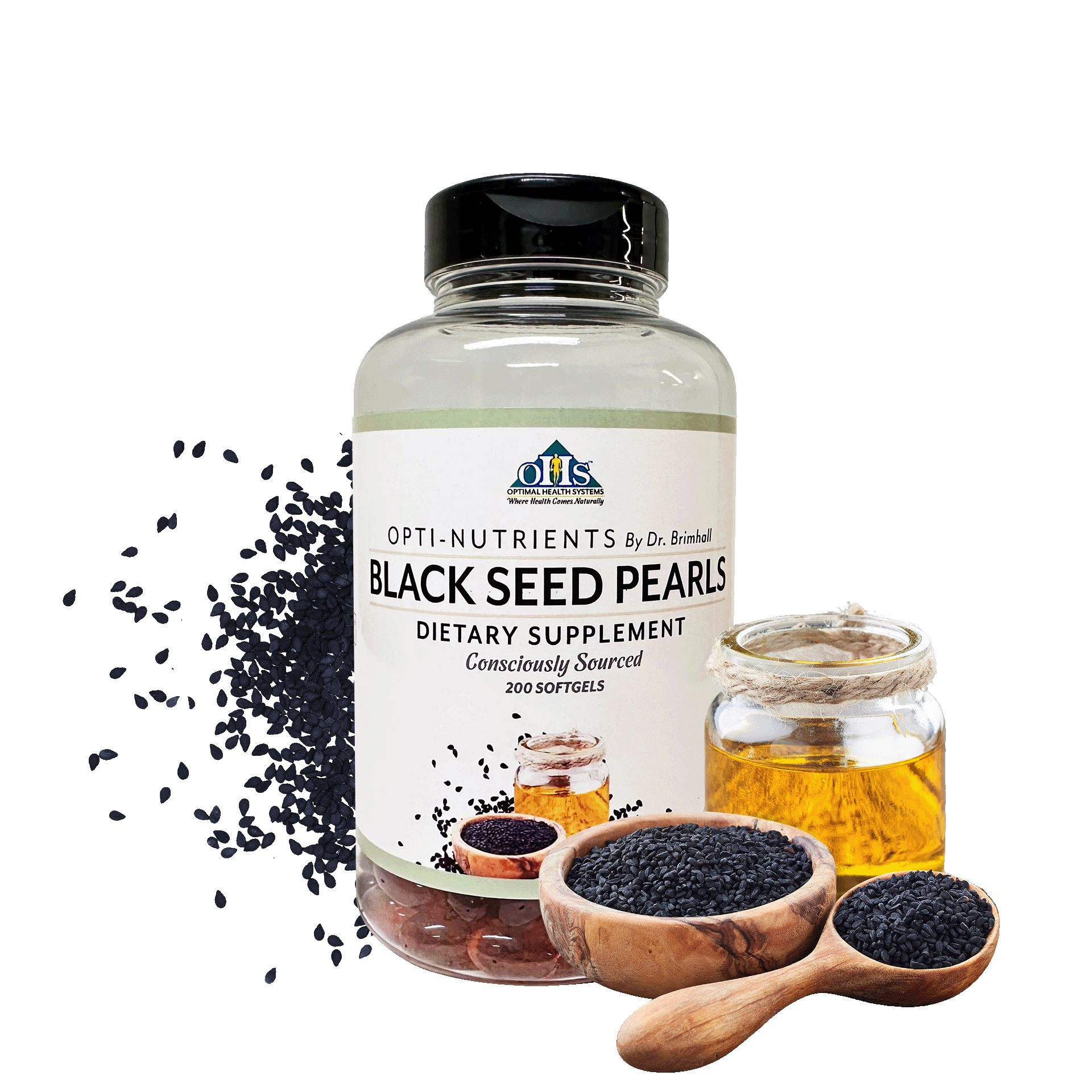 Image of a bottle of Opti Black Seed Pearls. Around the bottle are black seeds and a jar of black seed oil.