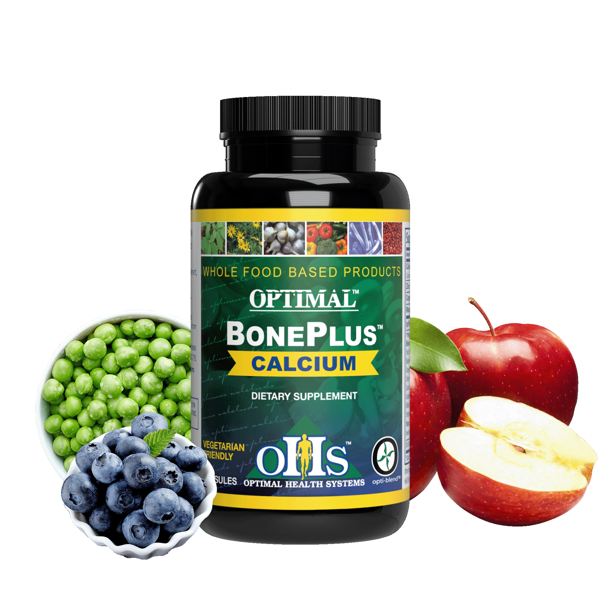 Image of a bottle of Optimal BonePlus Calcium with a bowl of peas, a bowl of blueberries, and 3 apples around the bottle.