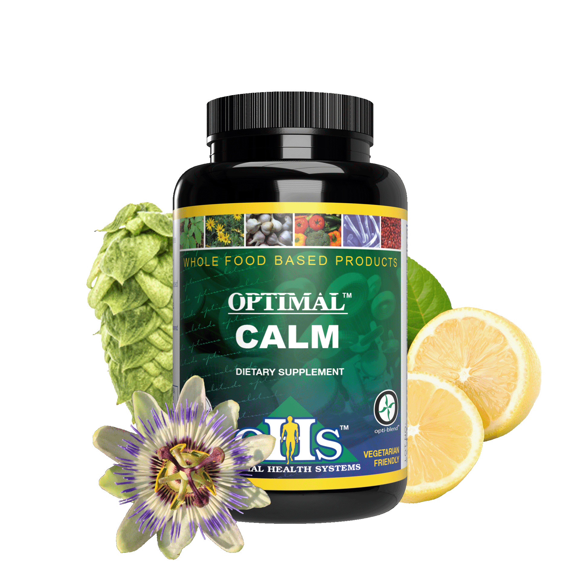 Image of a bottle of Optimal Calm with hops, sliced lemons, and passiflora flower.