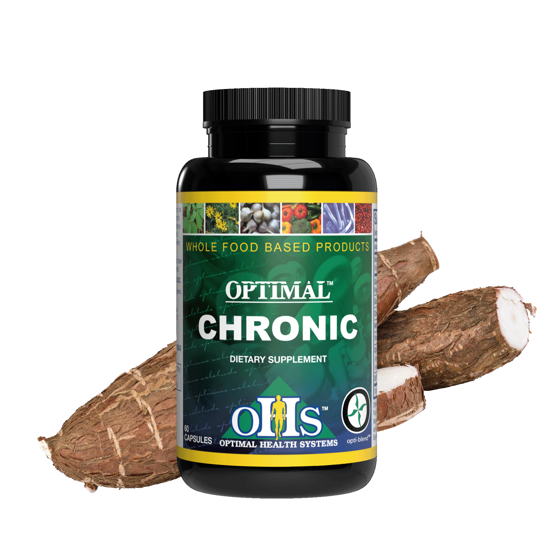 Image of a bottle of Optimal Chronic with some yucca roots behind it.