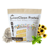 Image of a bag of Optimal LeanClean Protein Grass-Fed Whey + Collagen. Around the bag are sunflowers, stevia leaves, and whey protein.