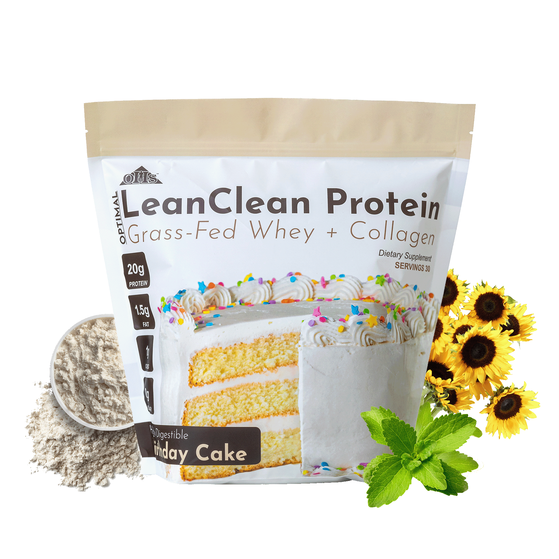 Image of a bag of Optimal LeanClean Protein Grass-Fed Whey + Collagen. Around the bag are sunflowers, stevia leaves, and whey protein.