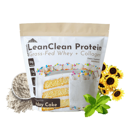 Image of a bag of Optimal LeanClean Protein Grass-Fed Whey + Collagen. Around the bag are sunflowers, stevia leaves, and whey protein.