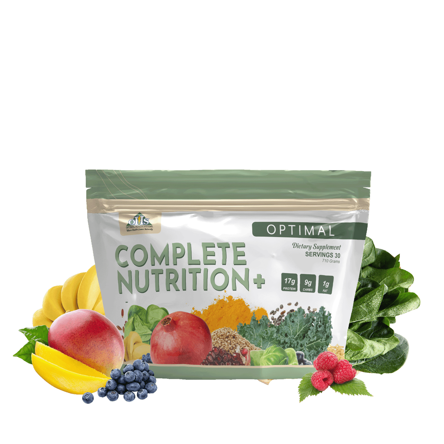 Image of a bag of Optimal Complete Nutrition Plus. around the bag is a blueberry, some mangos, spinach, bananas, Mango, and raspberries