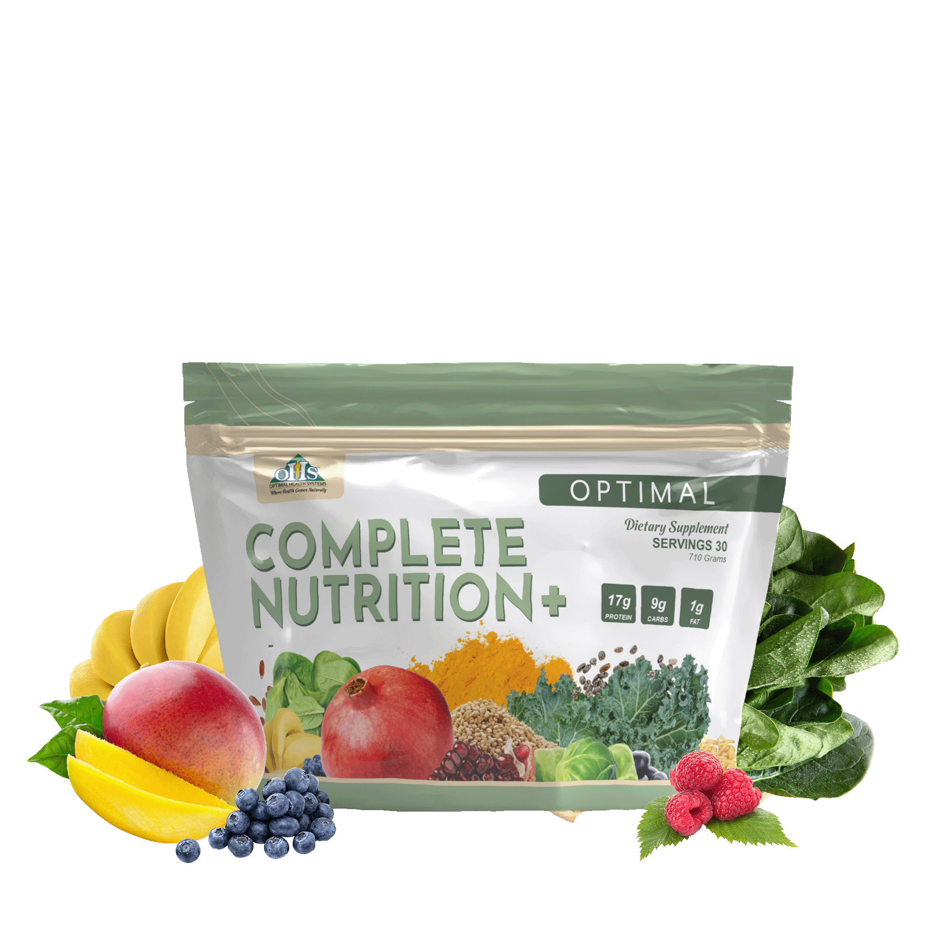 Image of a bag of Optimal Complete Nutrition Plus. around the bag is a blueberry, some mangos, spinach, bananas, Mango, and raspberries