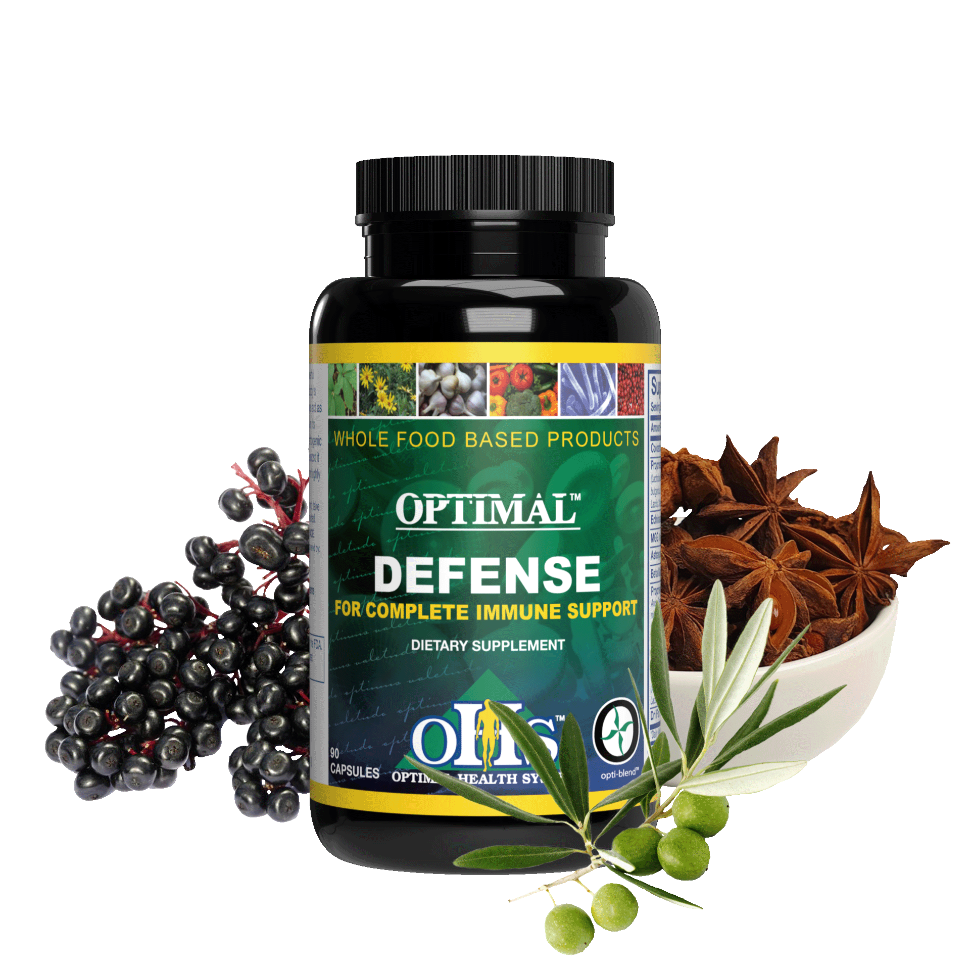 Image of a bottle of Optimal Defence. Around the bottle is a picture of a bunch of elderberries, an olive branch with green olives, and a bowl of anise seed.