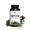 Image of a bottle of Optimal Defence. Around the bottle is a picture of a bunch of elderberries, an olive branch with green olives, and a bowl of anise seed.