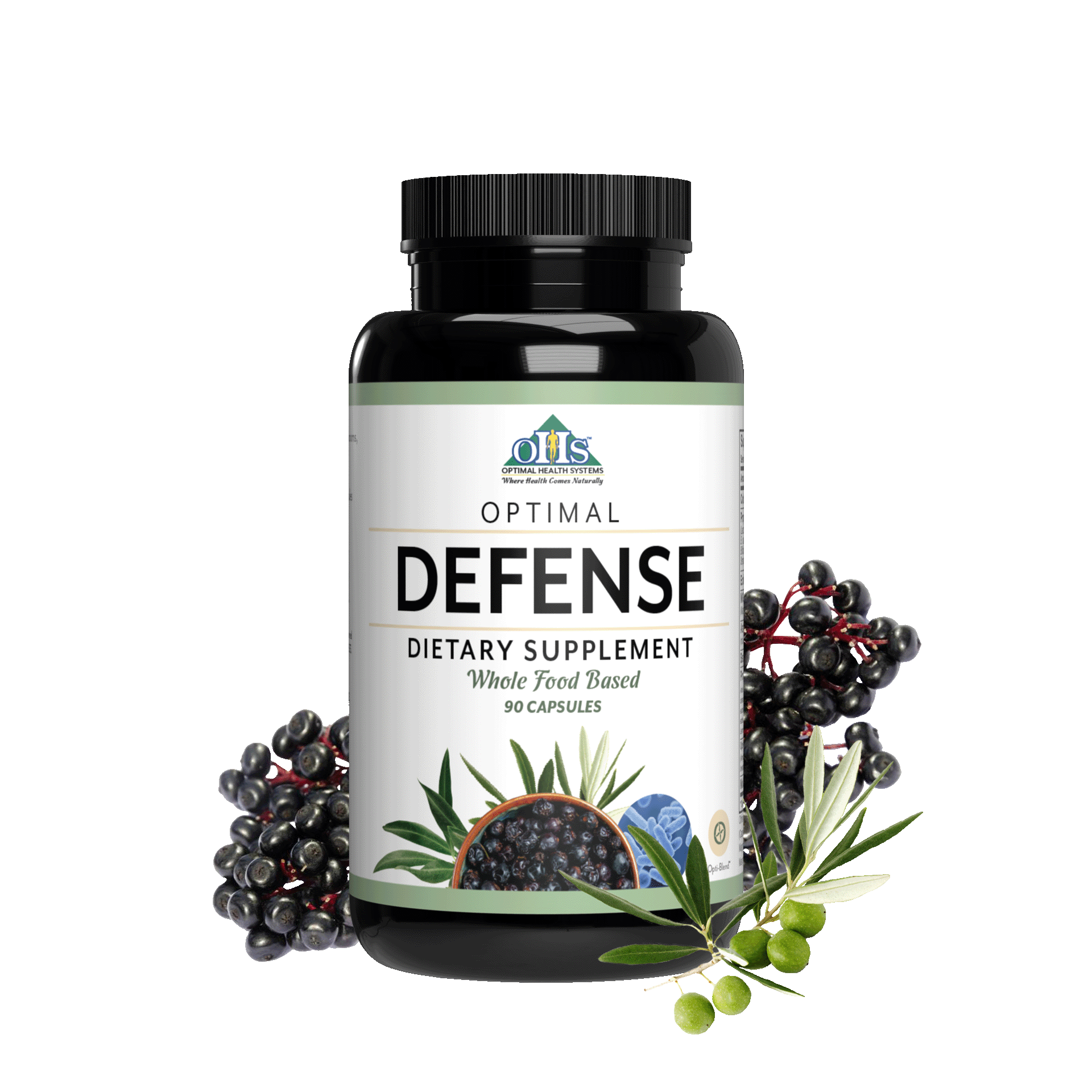 Image of a bottle of Optimal Defence. Around the bottle is a picture of a bunch of elderberries, an olive branch with green olives, and a bowl of anise seed.