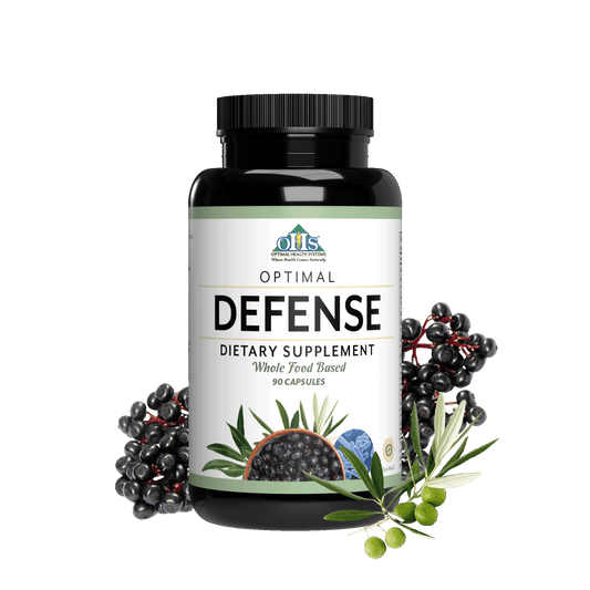 Image of a bottle of Optimal Defence. Around the bottle is a picture of a bunch of elderberries, an olive branch with green olives, and a bowl of anise seed.