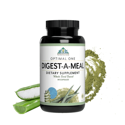 Image of a bottle of Optimal One Digest-A-Meal with aloe and enzymes behind it.